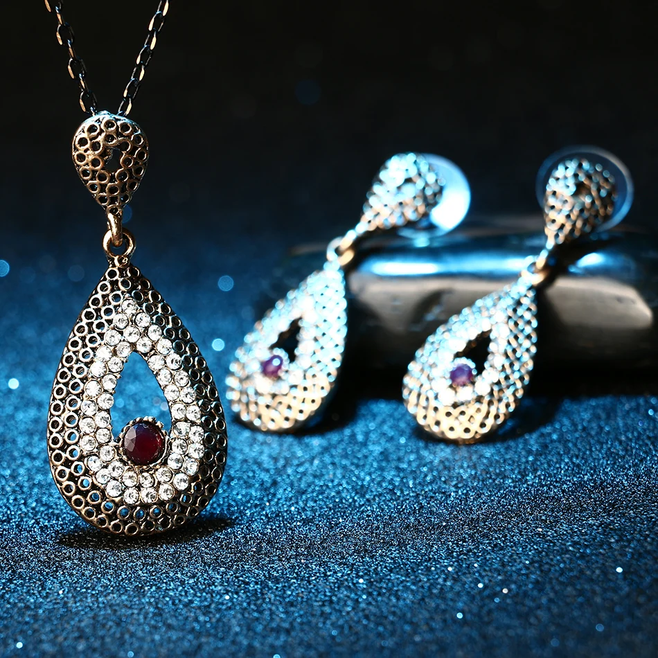 Móda Jemné Vintage Šperky Crystal Kvapka Vody Náhrdelníky Sady Prívesok Earing Pre Ženy, Turecké Pozlátené Nigérijský Červená Guľôčka Náhrdelník