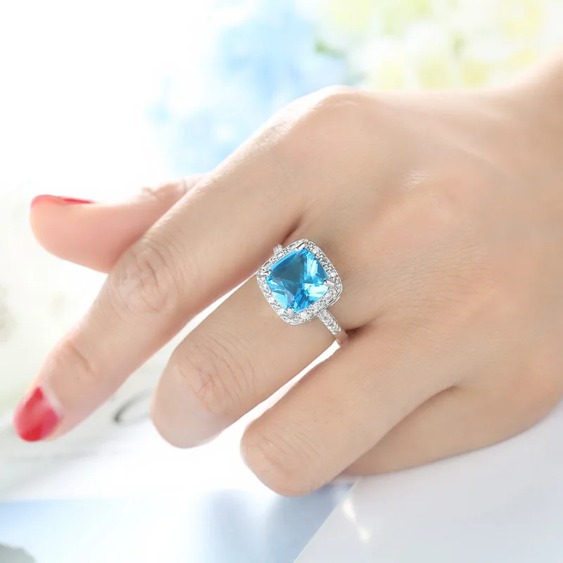 Móda Kvality Reálne Mincový Striebro Krúžok 2ct Svadobné Zapojenie Značky krúžky Light blue Crystal Šperky pre Ženy Darček