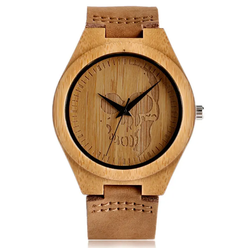 Móda Steampunk Lebky Vzor Analógové náramkové hodinky Bambusové Drevené Quartz-hodinky S Originálnym Kožený pásik na Zápästie Pre Mužov, Ženy
