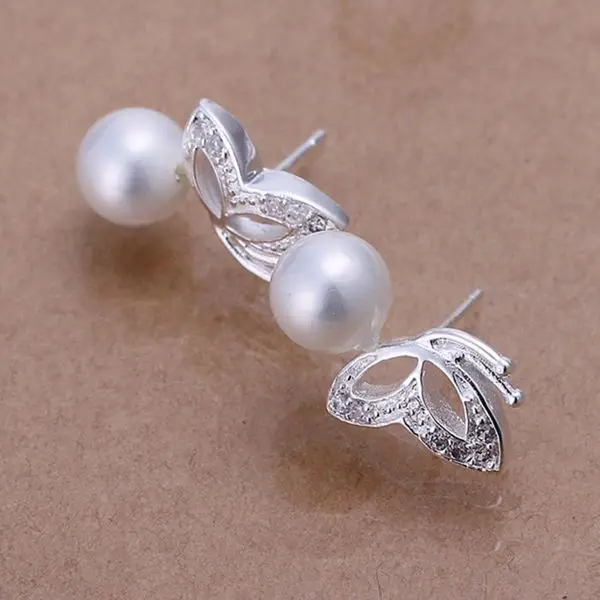 Móda strieborné pozlátené Náušnice pre Ženy 925 šperky, strieborné pozlátené Pre Ženy Pearl White Butterfly Náušnice /NVKDYKZGE017-2