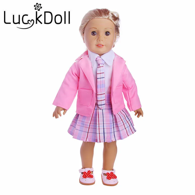 Nové modely Areáli šaty 1 set = kabát + tričko + sukňa + kravatu + obuv 18-palcové Americké dievča bábiku, Deti najlepší Darček k Narodeninám