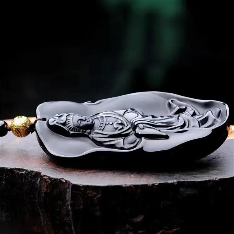 Prírodné Čierna Obsidián Kameň Prívesok 3DCarved Guanyin Bódhisattva Patróna Náhrdelník Prívesok Mužov Kameň Jades Šperky