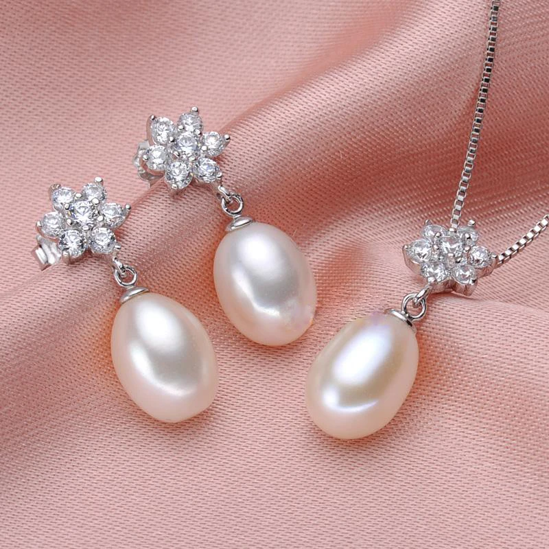 Trendy sladkovodné perly šperky sady ženy,skutočné prírodné perlový prívesok náušnice šperky 925 silver matka narodeninám biela