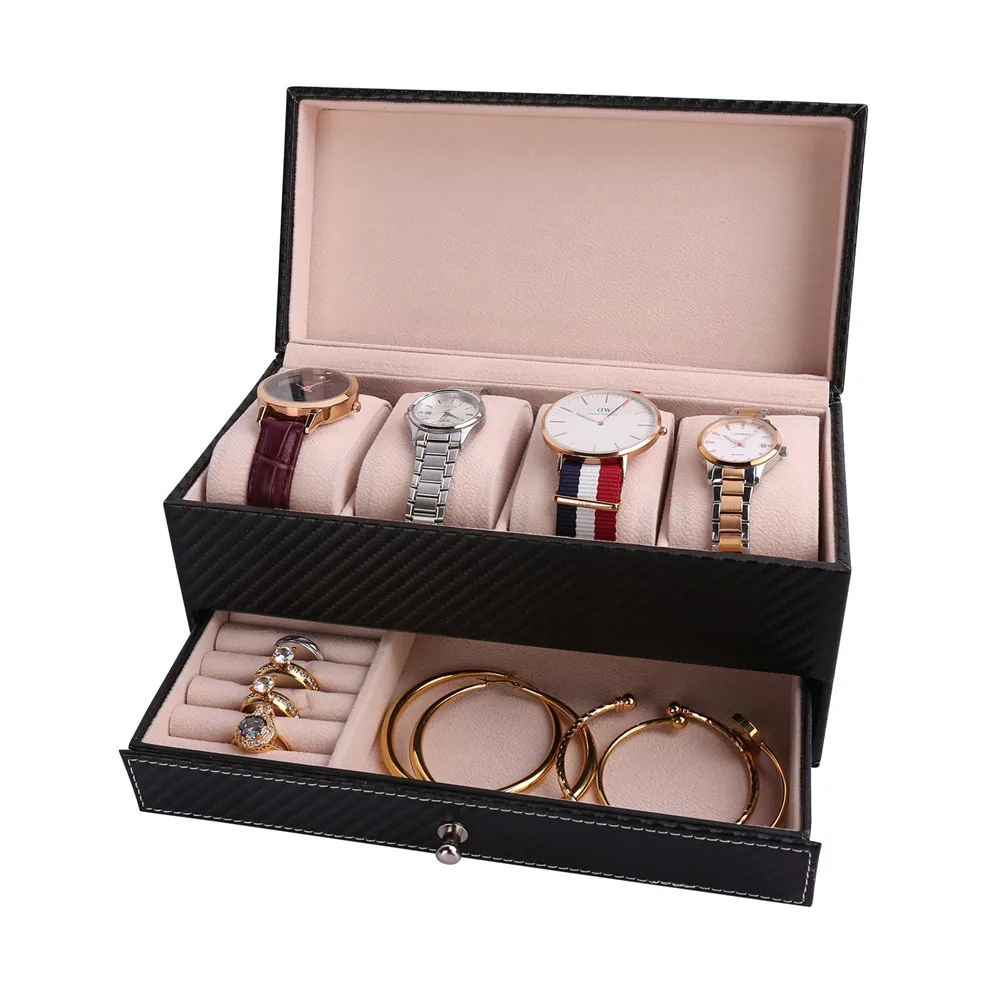 U7 Sledovať Držiak a Šperky Organizátor Box Elegantné Úložné Zásuvky Prípade Čierna Vysoko Kvalitnej PU Kože Darček Pre Mužov/Ženy OB08