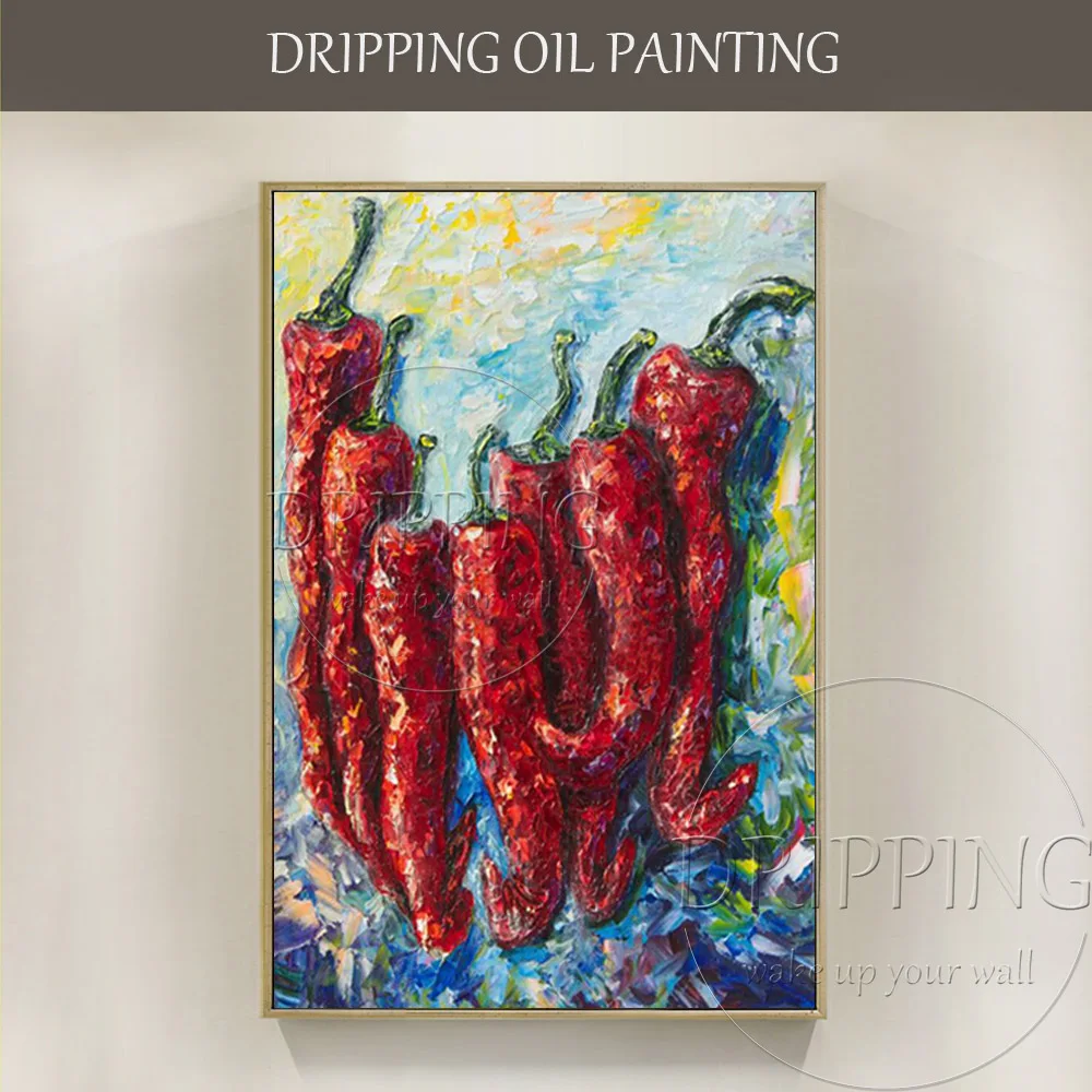 Umelec Ručne maľované Vysokej Kvality zátišia Chili olejomaľba Moderné Abstraktné Červená Chilli olejomaľba na Kuchynské Dekorácie
