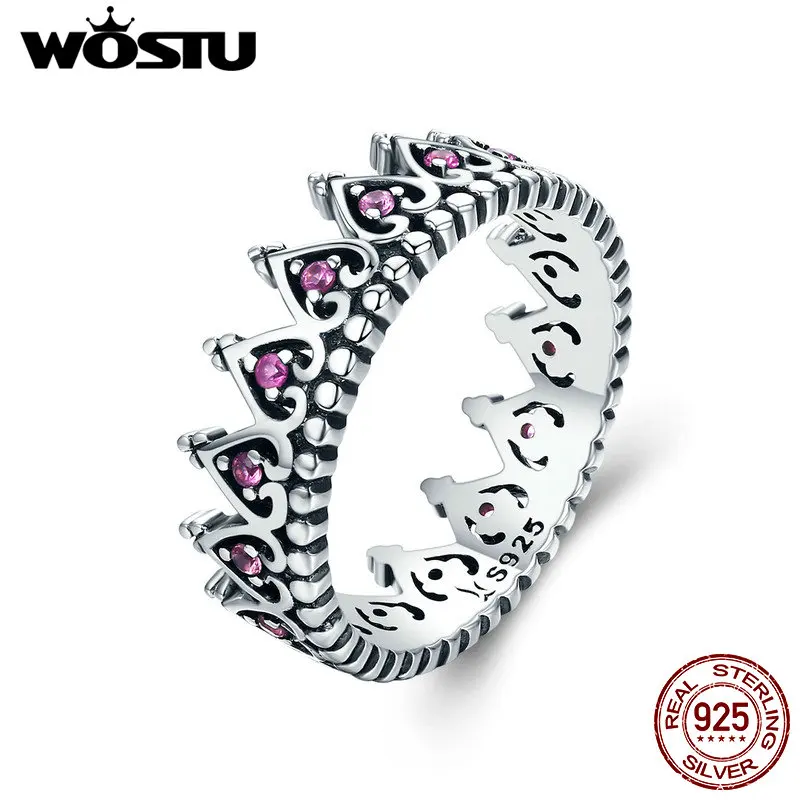 WOSTU 925 Sterling Silver Romantický Stohovateľné Koruny Srdce Ružové CZ Prstene pre Ženy Jemné Strieborné Šperky Anel Darček DXR257
