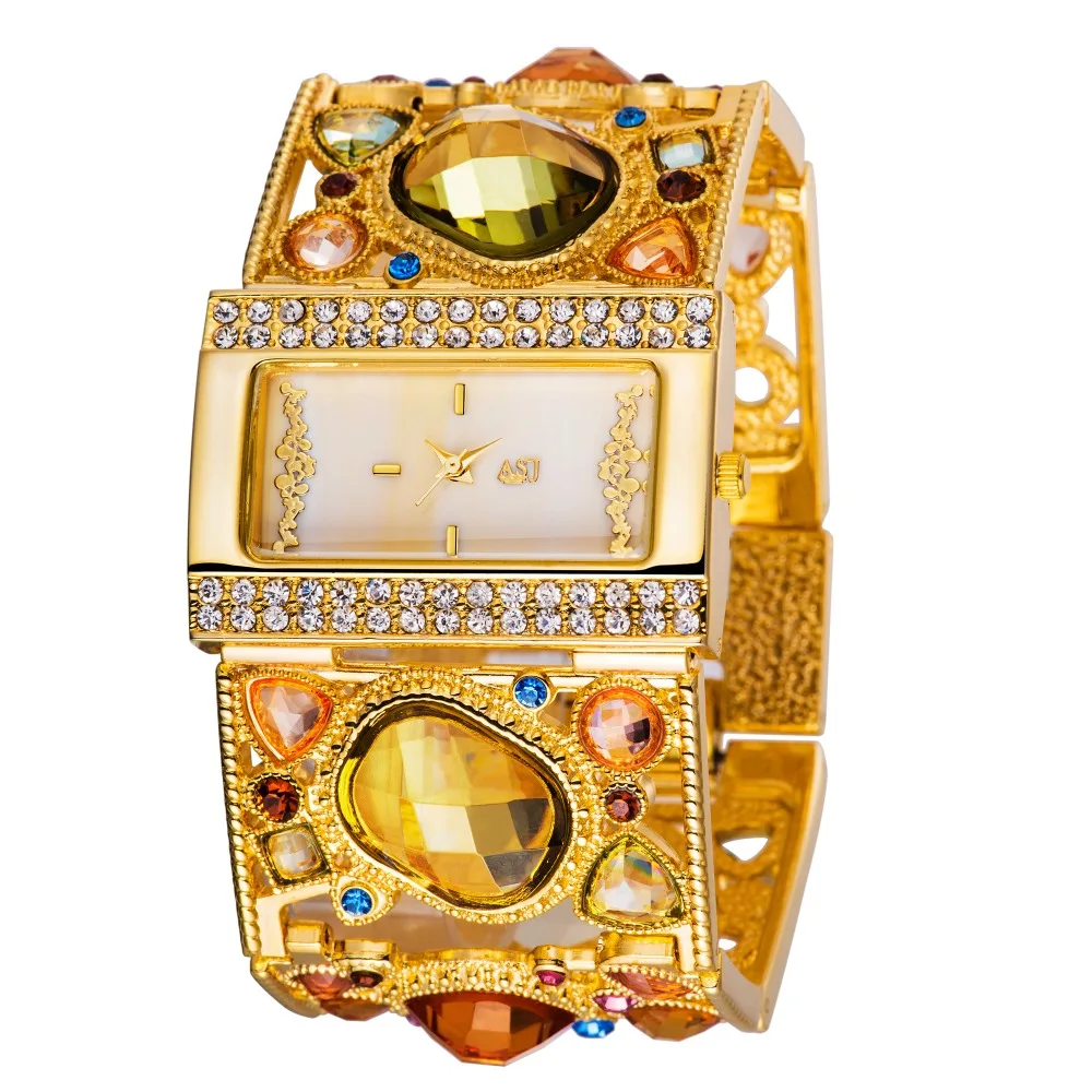 Úžasné dámske Zlatý Náramok Elegantné Hodinky s Multi Color Diamond Dekorácie, zlatá analógový duté rytie ženy hodinky