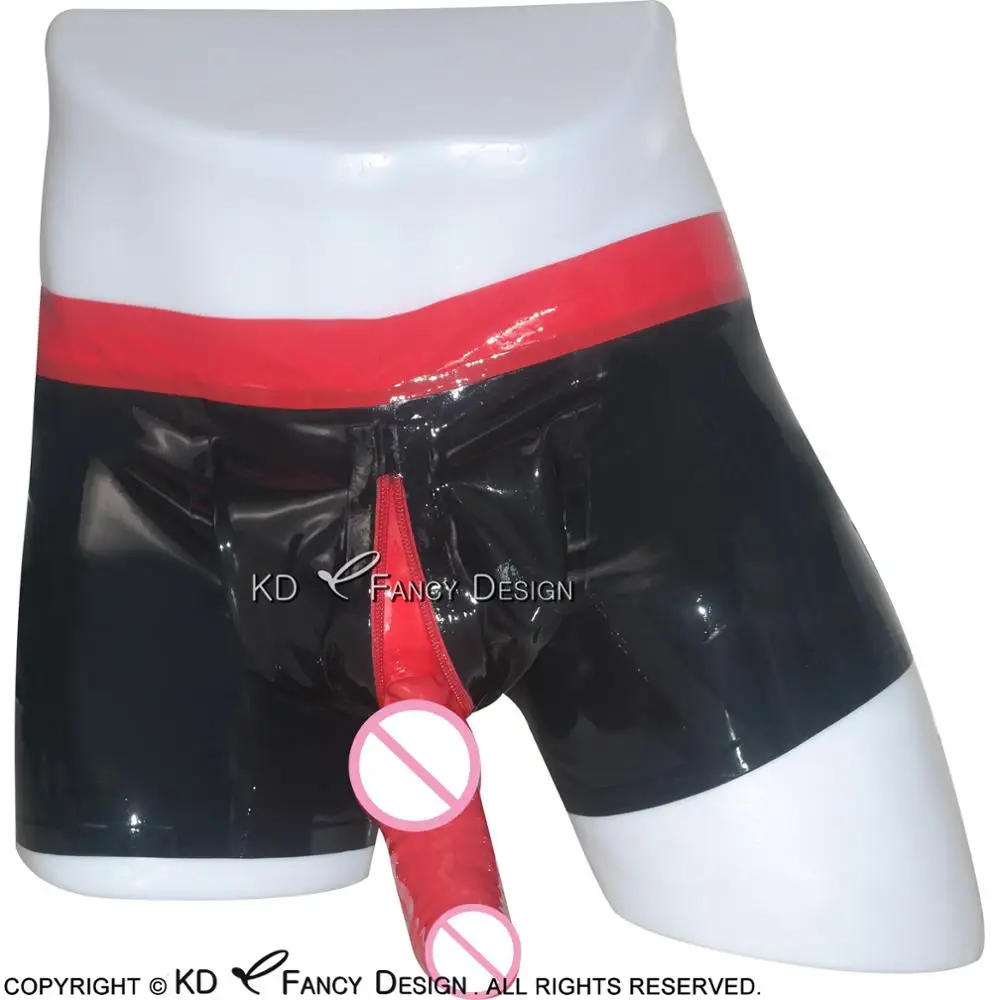 Čierne S Červenými Sexy Latexový boxerky S Penis Plášť Zips Na Prednej Gumy Bielizeň Chlapec Šortky Dna DK-0030