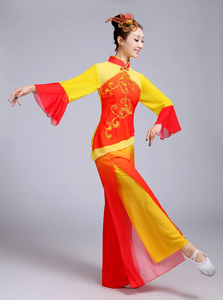 Žltá/červená Tradičný Čínsky Tanec Vlastné Čínske Ľudové Tanečné Oblečenie Moderné Klasická Yangko Tanečný Kostým Ventilátor