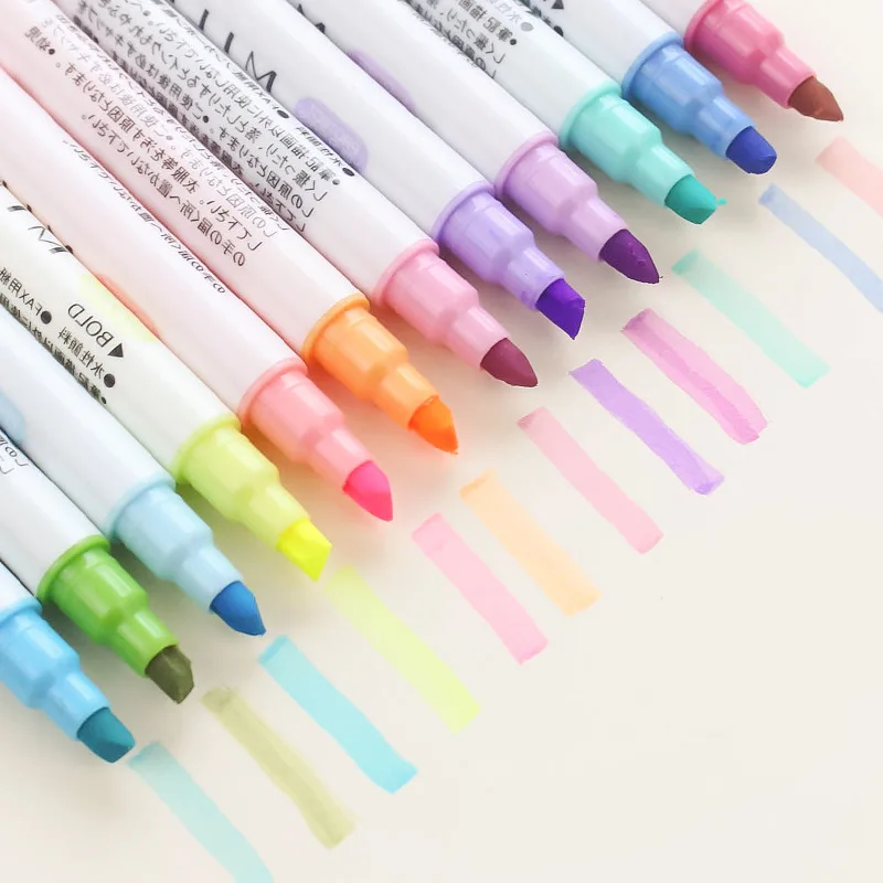 12 ks Mierne farebné pero, Zvýrazňovač, Dual-side písanie Fluorescenčné Značky pre kreslenie líniové kancelárske potreby Kancelárske Školské potreby A6103