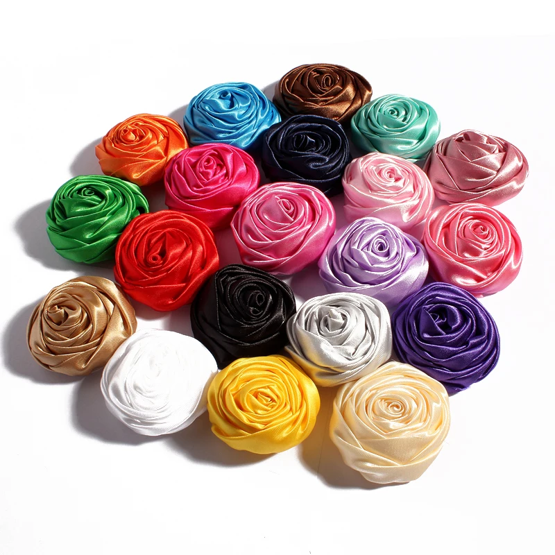 120pcs/veľa 5cm 20colors Novorodenca Ručné Valcované Satin Soft Rose Kvety Artifcial Pevné DIY Textílie Kvety Pre Deti Čelenky