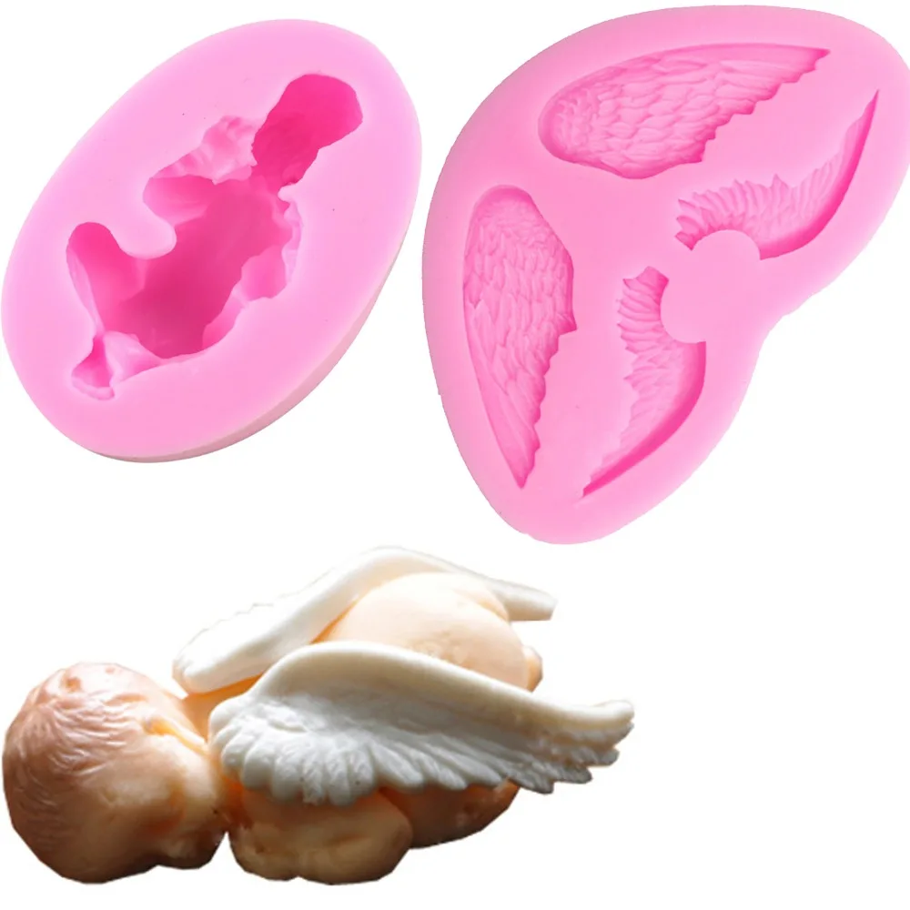 2 ks Spanie Dieťa A Anjel Krídla Tvar 3D Silikónové formy na pečenie Tortu Formy Na Tortu Zdobenie nástroje F0686