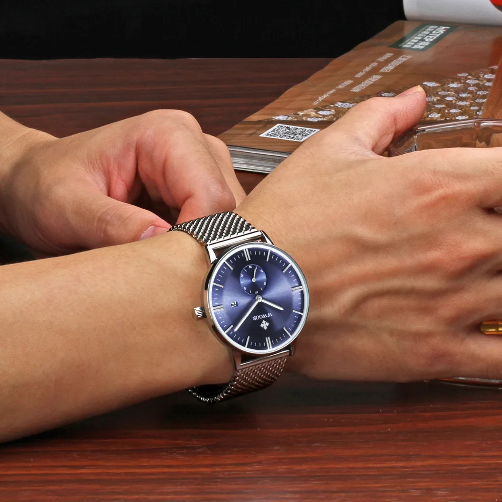 2016 Nové Luxusné Značky WWOOR Quartz Hodinky Bežné Mužov Black Japan Quartz-hodinky z Nerezovej Ocele Oka Popruh Ultra Tenké Muž Hodiny