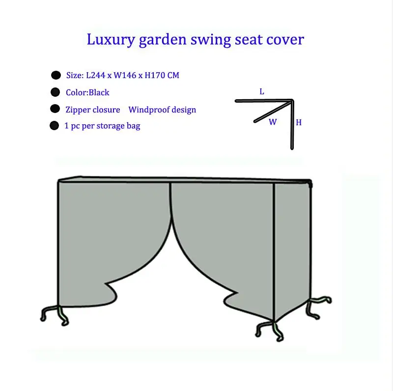 2017 príchodu Luxusná záhradná hojdačka, kryt sedadla,L244XW146XH170CM,Čierna farba,vonkajšie a vnútorné použitie nábytok kryt,zips uzavretie