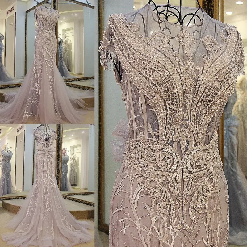 2017 tylu svetlo sivá luxusné kryštály Strapce spp rukávmi sexy korálkové ilúzie výstrihu dizajn morská víla večerné šaty xj01980