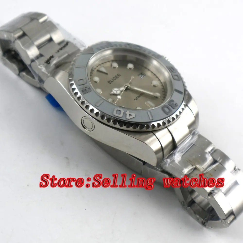 44 mm Bliger šedá Dial Sapphire Crystal Náramok spona Dátum Okno Automatického Pohybu Muži Mechanické náramkové hodinky
