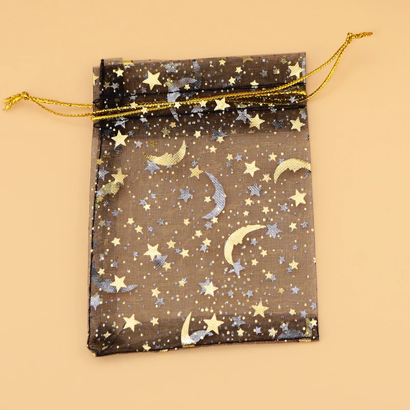 500pcs 7x9cm Hviezdy, Mesiac Vzor Black Organza Vrecka Šnúrkou šperky balenie vrecia na Svadbu/darček/potraviny/sladkosti/Vianočné taška