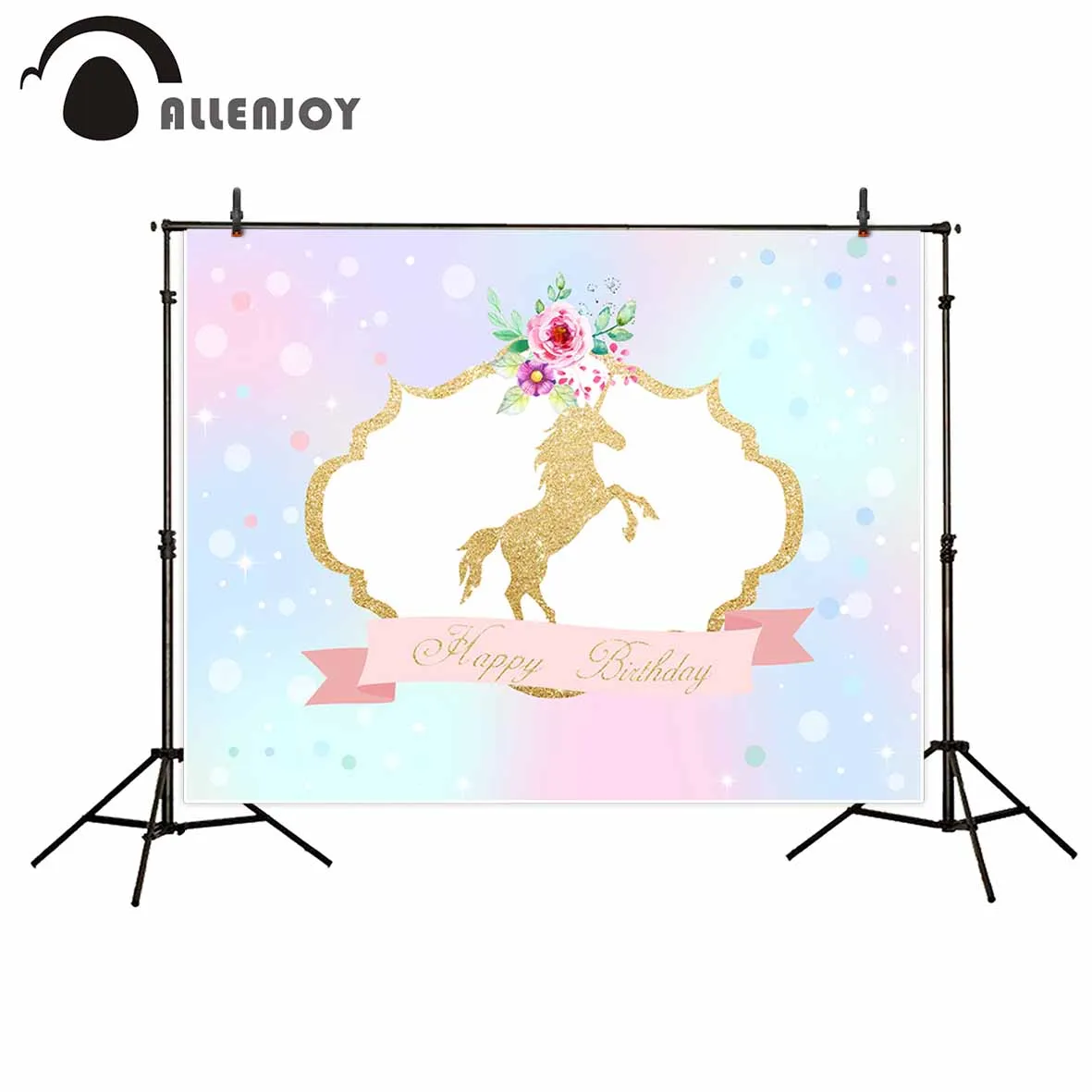 Allenjoy fotografie pozadia Zlatý jednorožec kvety narodeniny pozadie farebné bubliny foto pozadie pre deti photocall