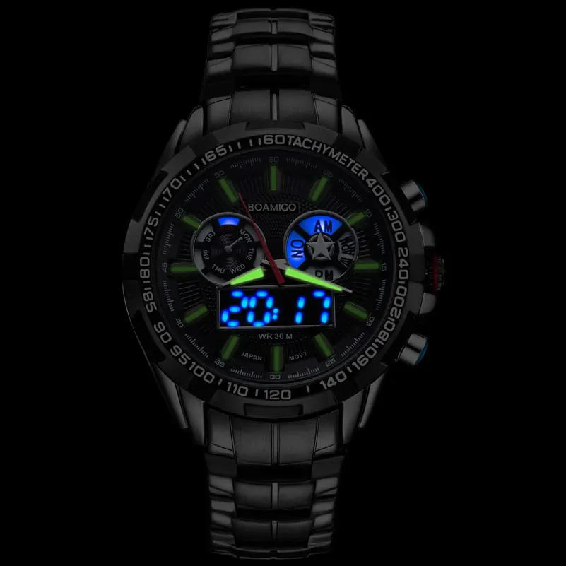 BOAMIGO Značky Mužov Športové Hodinky Bežné Quartz Hodinky Luxusné Vojenské LED Digitálne Hodinky Vodotesné Oceľové náramkové hodinky Reloj