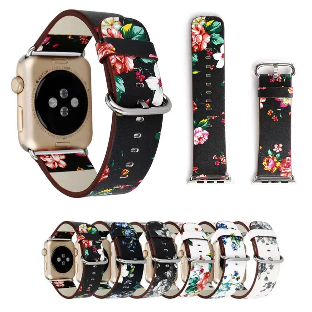 Britský Vidieckeho Štýlu Kvetinové Kožené Pútko na Zápästie pre Apple Hodinky Kapela Kvetinový Náramok pre iWatch Vintage Watchband 38mm 42mm