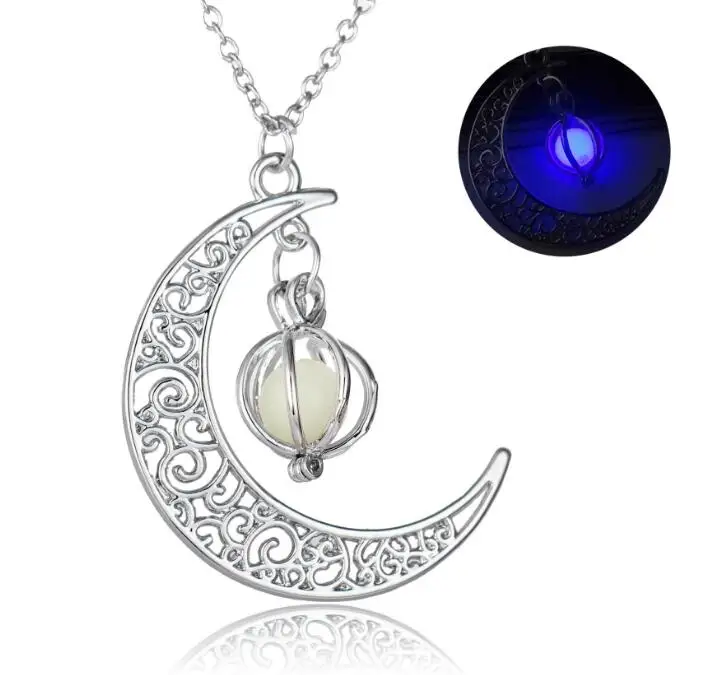 Crescent Moon Svietiť V Tme Náhrdelníky Tekvica Žiariaci Kameň Svietiace Náhrdelníky Vintage Striebro Fluorescenčné Šperky, Darčeky