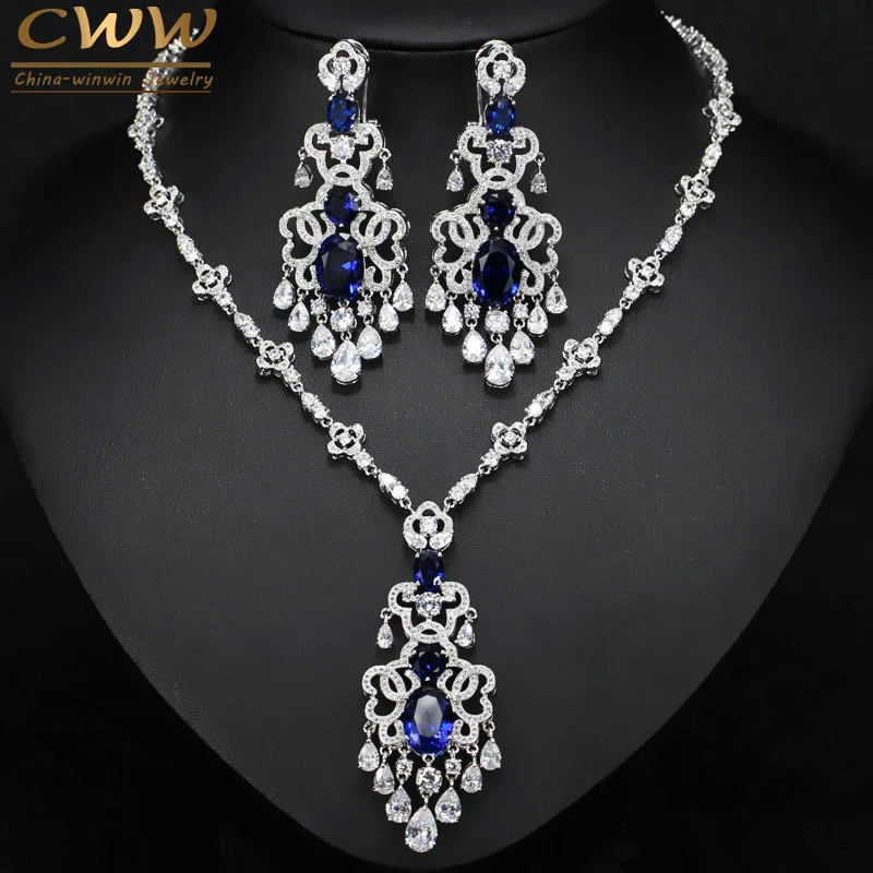 CWWZircons Najvyššej Kvality Royal Blue Cubic Zirconia Afriky Veľký Vyhlásenie Náušnice Náhrdelník Sada Pre Ženy Večierok Šperky T276