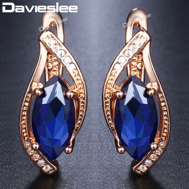 Davieslee Modrý Kameň Leaf Tvarované Kolo Stud Náušnice Pre Ženy 585 Rose Gold Plný Módy, Šperkov DGE136