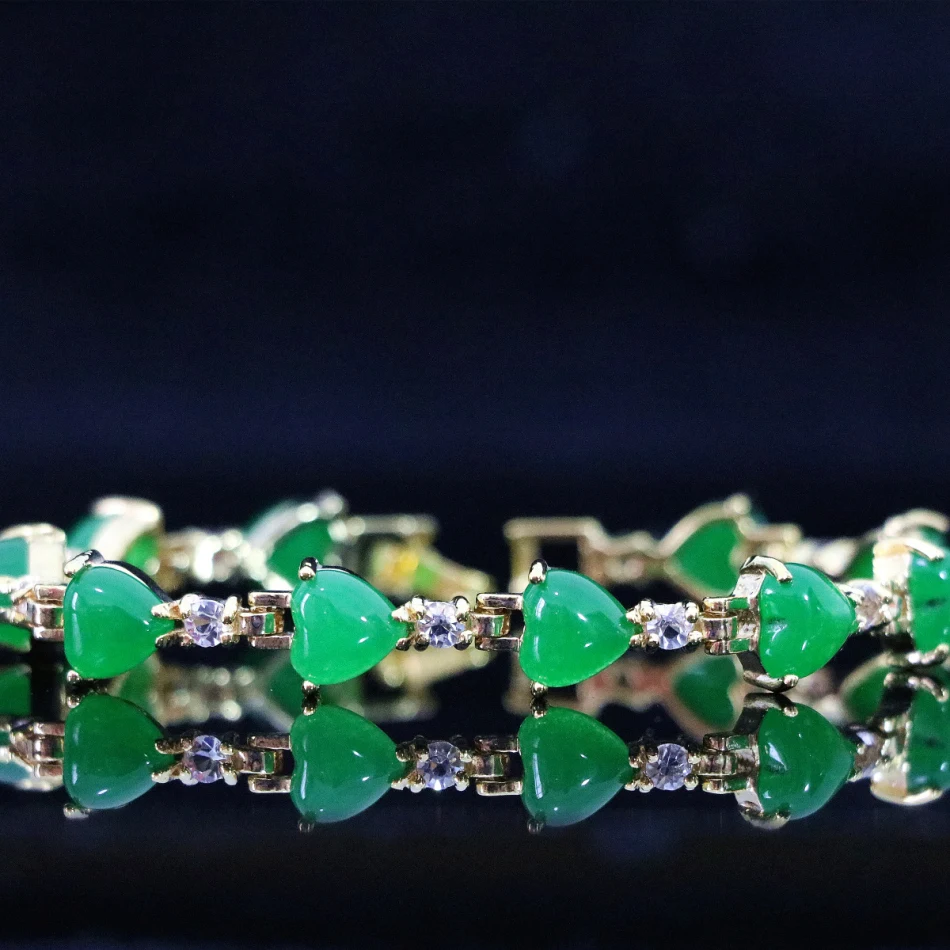 Elegantné ženy móda oválne srdce zelený prírodný kameň jades chalcedony kryštálu, zlata-farebná šperky náramok 7.5
