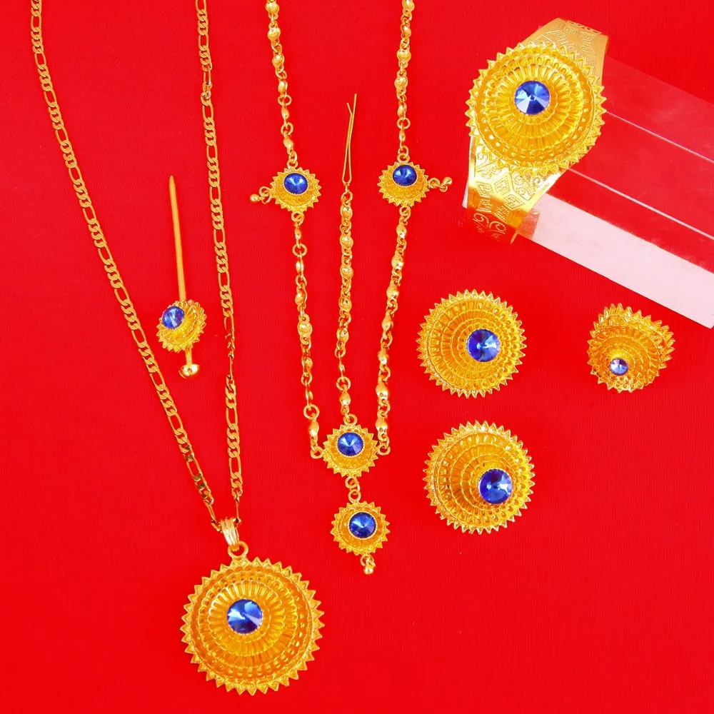 Etiópsky Zlaté Vlasy Kus Prívesok Reťazca Earings Krúžok Vlasy Pin Náramok Eritrea Afrike Habesha Svadobné Šperky Set