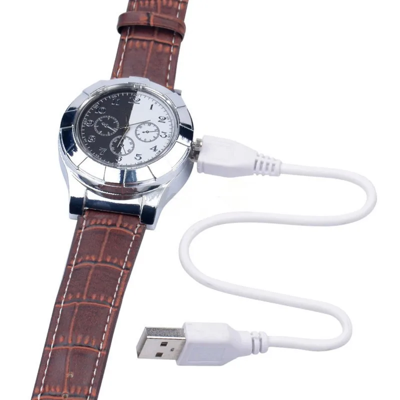 F667 Módne Dobíjacie USB Zapaľovač Hodinky Elektronické Mužov Bežné náramkové hodinky Quartz Vetru Flameless Cigaretový Zapaľovač