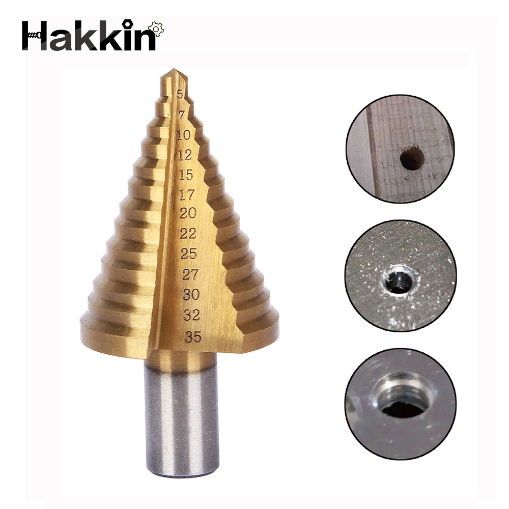 Hakkin 4-22 mm 5-35mm 6-35mm HSS Trojuholník Ramienka Metal Steel Krok vrtáka Dieru Vyvŕtať Core Vŕtať Countersink Titán Bit Nastavený