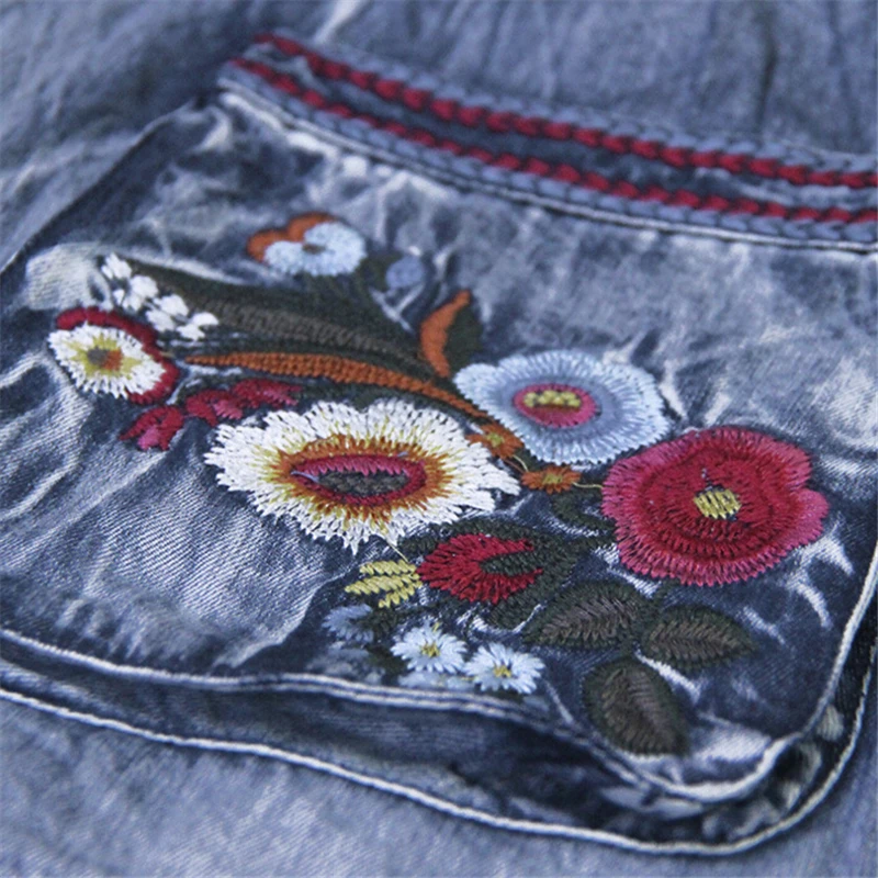 Jar, Jeseň Fashion Ženy Denim Jacket Vintage Kvet Vyšívané Vrecká Dlhé Kabáty Windbreaker Vetrovky dámy Kabát Outwear