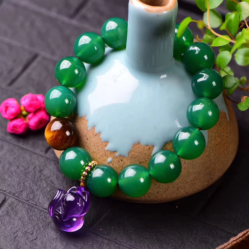 JoursNeige Zelený Prírodný Krištáľ Náramky Kolo Guľôčka Veľkosti 14 mm Fialová Crystal Fox Prívesok pre Ženy Crystal Jeden okruh, Šperky