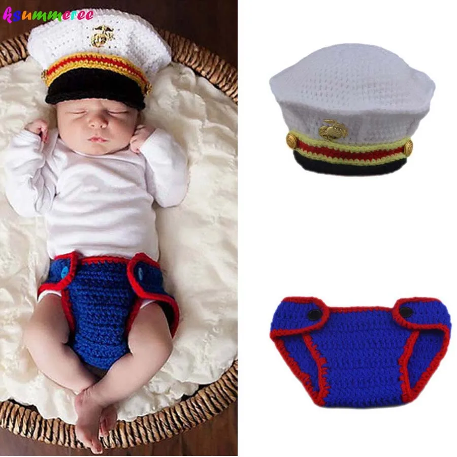 Ksummeree USMC Dieťa Novorodenec Háčkovanie Oblečenie Marines Šaty Blues Inšpiroval Foto Prop pre Dieťa Marine Corps Kostým H303