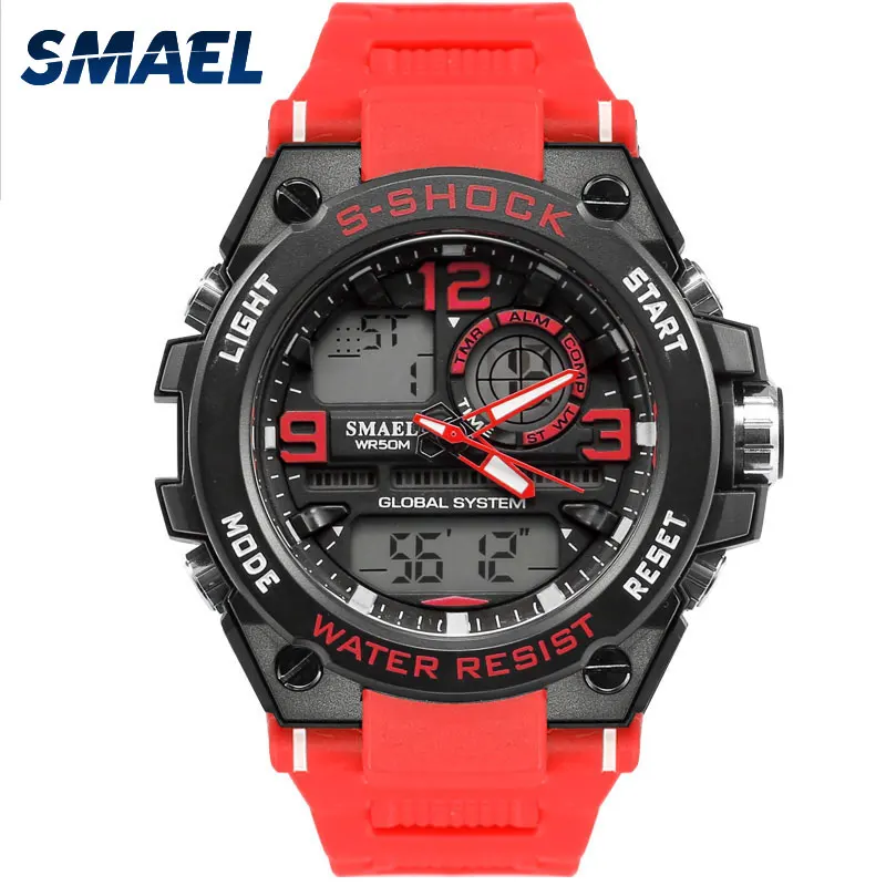 Muži Sledujte Red SMAEL Módne Náramkové hodinky Quartz S Prúdom Odolať Automatický Dátum LED Hodinky Digitálne Alarm1603 Športové Hodinky Vodotesné