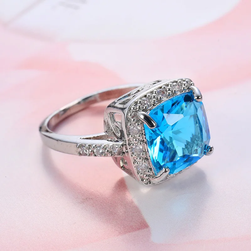 Móda Kvality Reálne Mincový Striebro Krúžok 2ct Svadobné Zapojenie Značky krúžky Light blue Crystal Šperky pre Ženy Darček