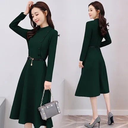 Na jar a na Jeseň Žien nový kórejský verzia dlho časť vysoký pás šaty temperament dlhým rukávom A-tvarované šaty