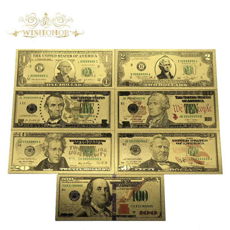 Najlepšie Ceny Pre celú skupinu 7pcs USA $1-100 Dolár, Zlato, Bankovky Farebnom Svete Peňazí Za Suveníry, Zlaté bankovky Kvapka Loď