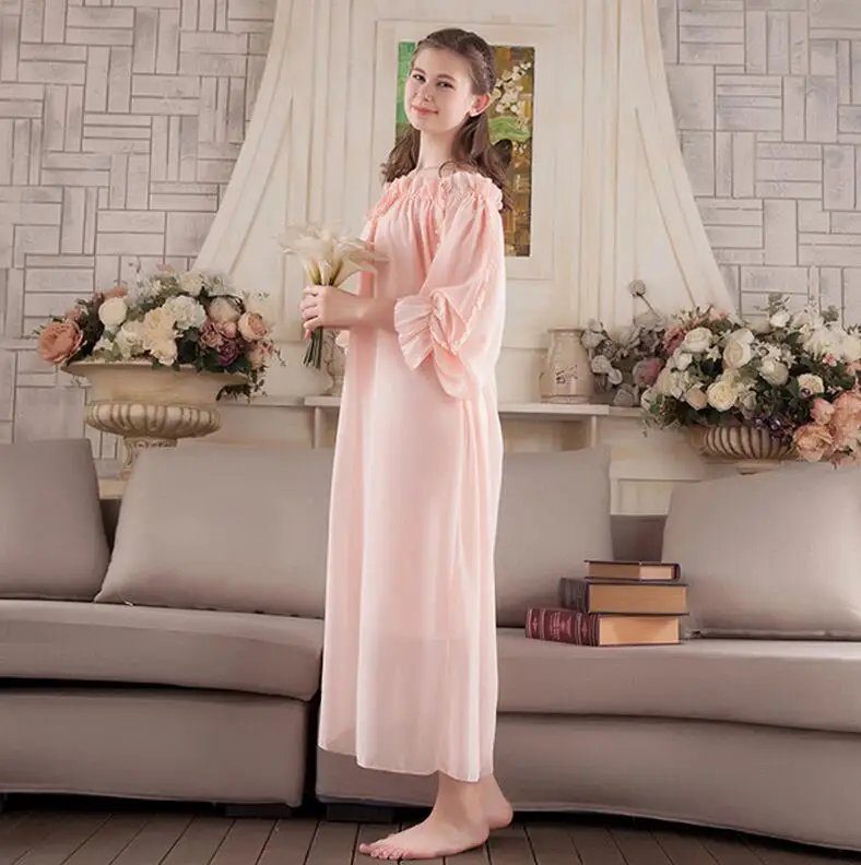 Nové Princezná Nightdress dámske ružové Dlhé Pyžamá šifón Nightgown jar leto Sleepwear Dámy negližé s762