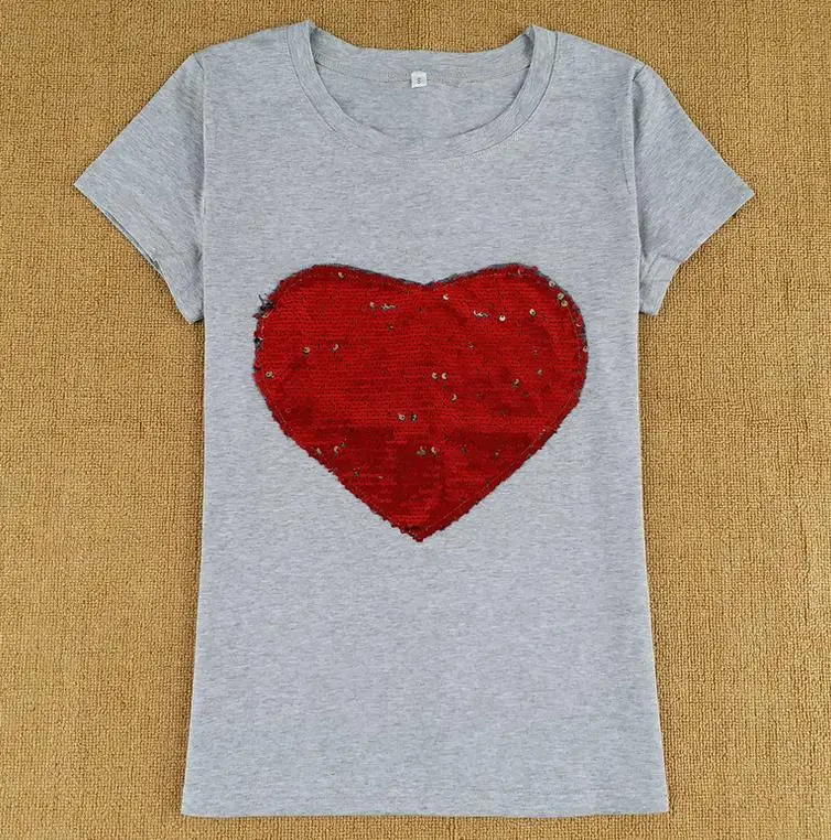 Nové Sequin Srdcia Krátky Rukáv T-Shirt Žena bavlna topy t-shirt camisetas mujer