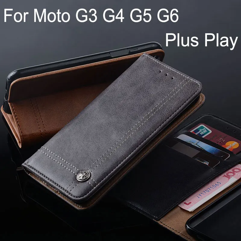 Prípad Motorola moto g3 g4 g5 g6 plus hrať Luxusné Kožené Prípadoch Flip cover with Stand Kartu Vintage funda Bez magnetov