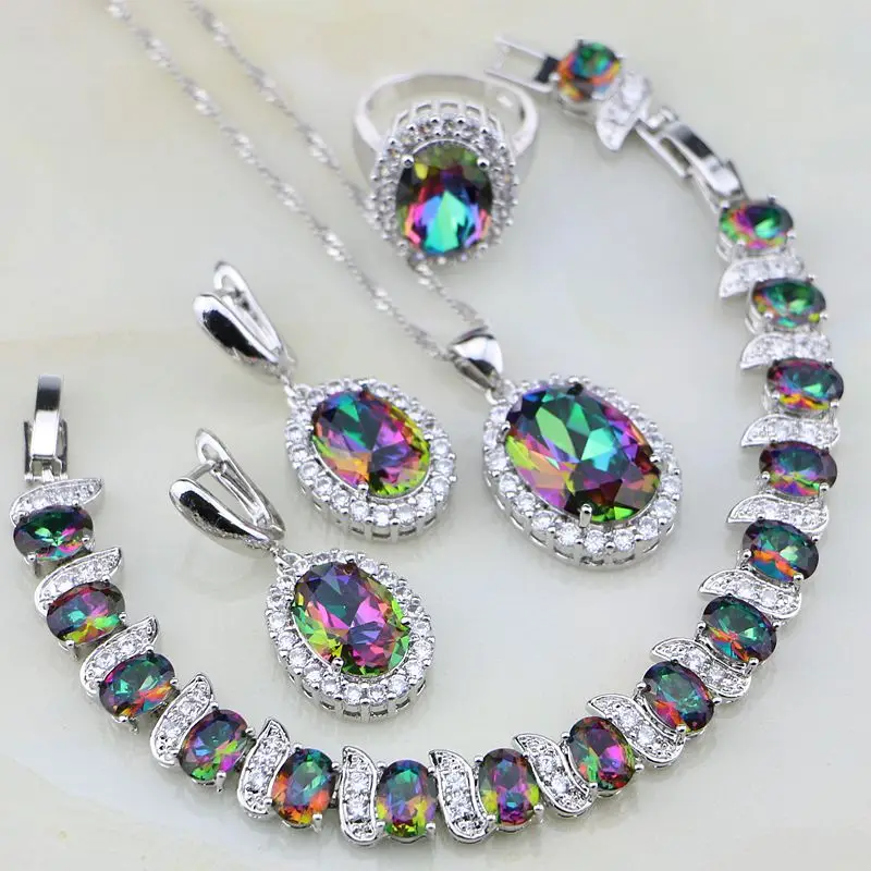 Rainbow Mystic Fire White Crystal 925 Sterling Silver Šperky Sady Pre Ženy Svadobný Náhrdelník/Náušnice/Náramok/Prívesok/Krúžok