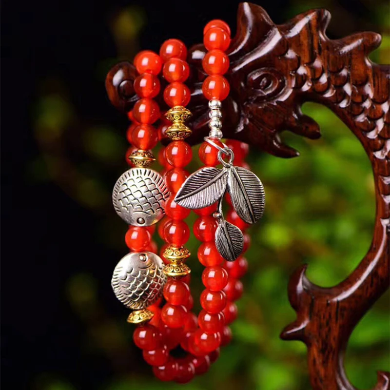 Red Crystal Náramky 6mm Korálok Tibete Strieborné Ryby leaf Prívesok Šťastie pre Milovníkov Krištáľový Náramok Viacvrstvových Šperky JoursNeige