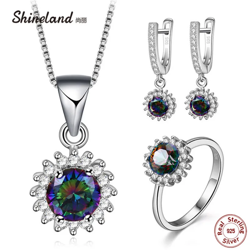 Shineland Reálne 925 Sterling silver Šperky, Módne Súpravy MultiColor Cubic Zirconia Kvetinový Náušnice/Náhrdelník/Krúžok pre Ženy Lady