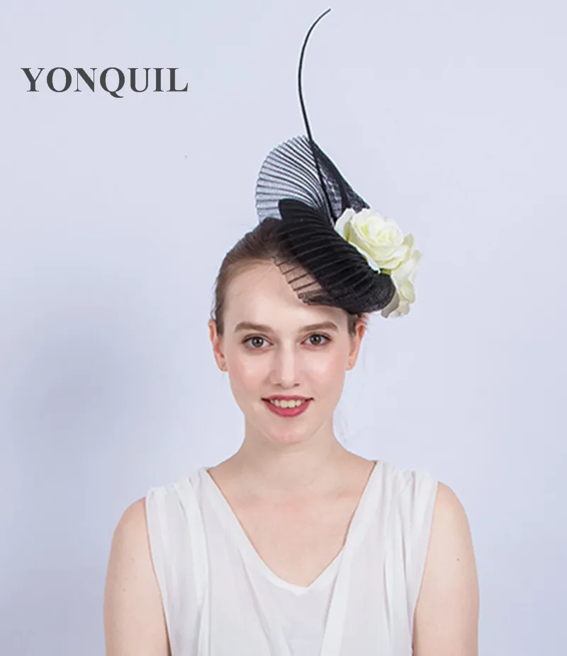 Sinamay čierne svadobné fascinator base klobúk čelenka so slonovinou hodvábneho kvetu high-end vlasy klip dámske svadobné koktail klobúky SYF140