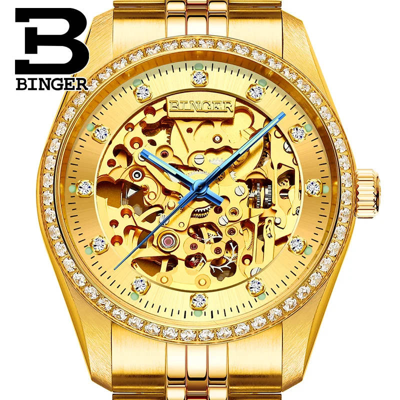 Skutočné Švajčiarsko BINGER Značky Mužov self-vietor automatické mechanické sapphire kožený remienok hodiniek 18K Elektrolytické Zlatej kotliny