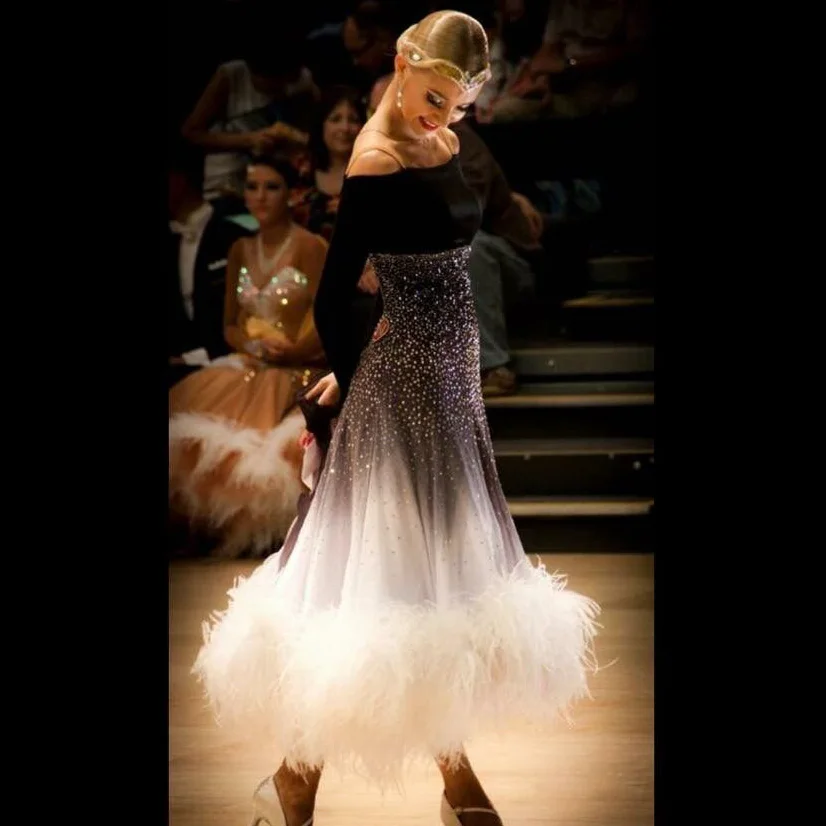 Spoločenský tanec šaty ballroom dance súťaže šaty sivej gradient Moderné Valčík Tango Tanečné Šaty pštrosie perie šaty
