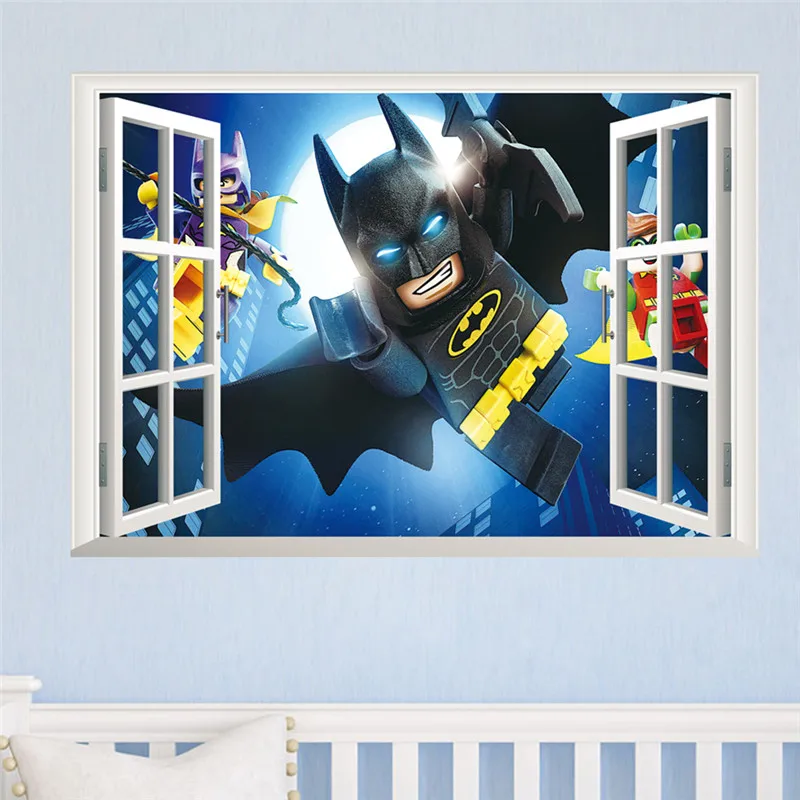Steny Batman Stenu Nálepka Pre Deti Deti Miestnosti Cartoon Domova Wall Art PVC 3D Efekt False Okno, Stenu, Obtisky Chlapca Darček