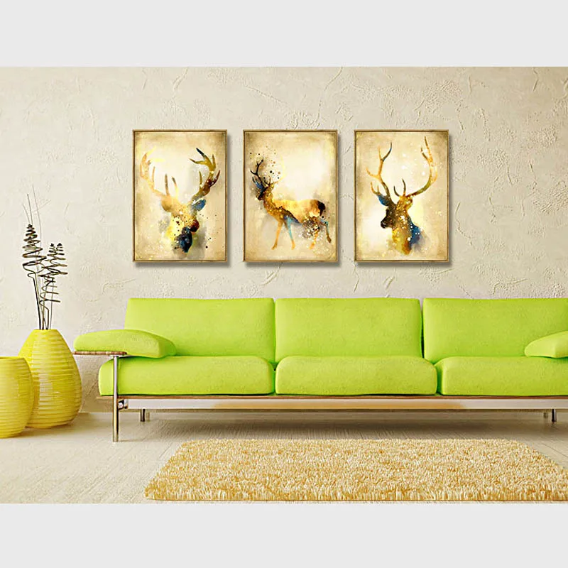 Triptych Nordic Abstraktné Zlatý Jeleň Elk Plátno Na Maľovanie Ušľachtilý Umelecké Reprodukcie Obrazov Plagát Na Stenu Obrázok Pre Obývacia Izba Domova