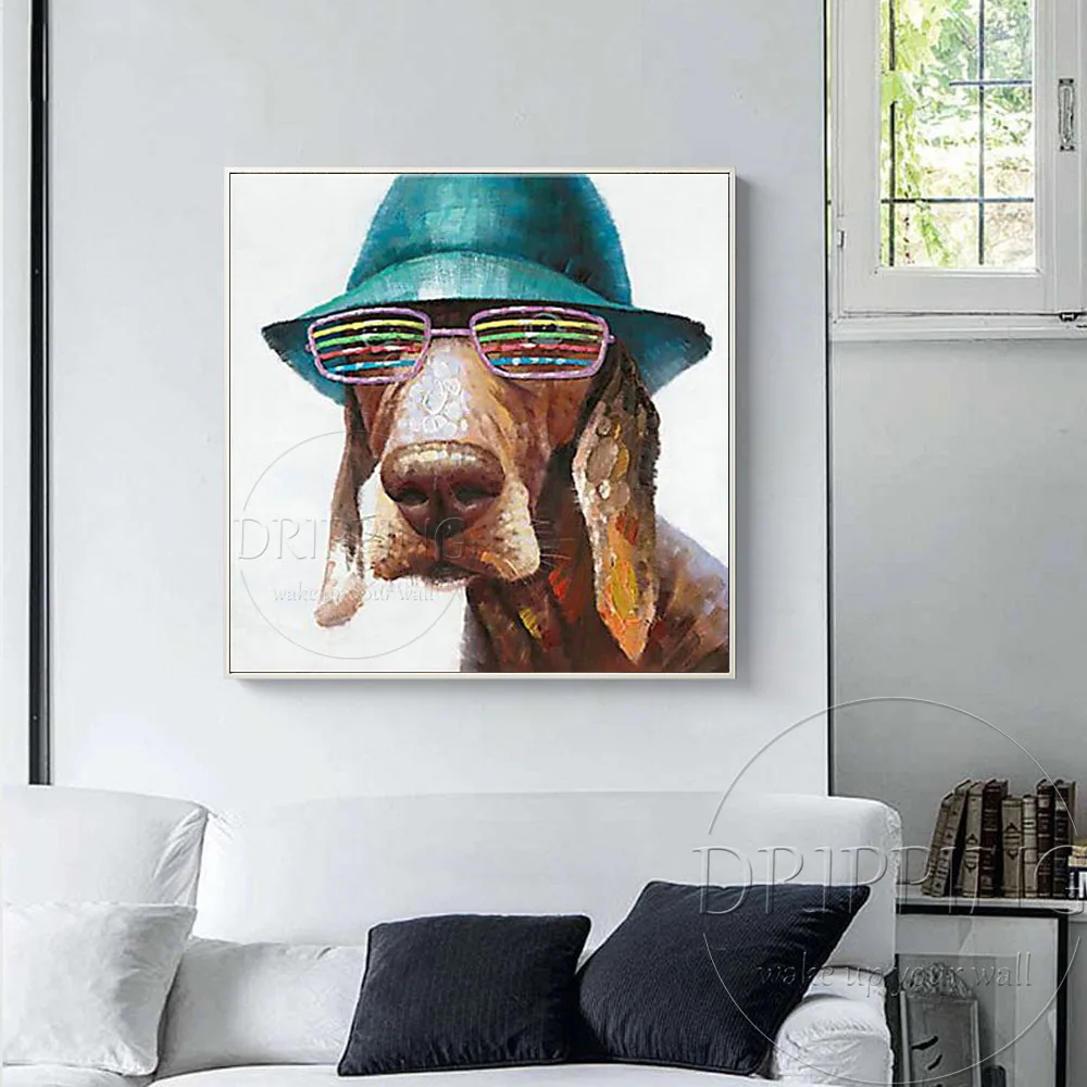 Umelec Dizajn Zábavné Pes s Klobúk a Farebné Okuliare, olejomaľba na Plátne, Ručne maľované Moderného Umenia Zábavné Psa olejomaľba